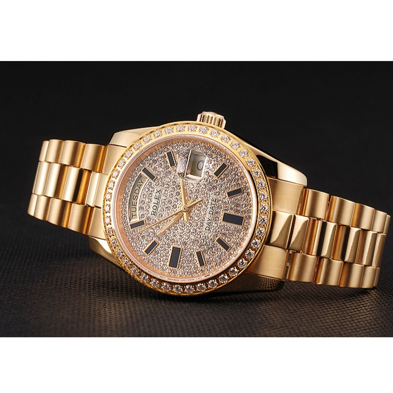 Aaa replica watch Swiss Day Pave Rolex And Case Bezel Gold Bracelet Diamond Date Dial And 0814